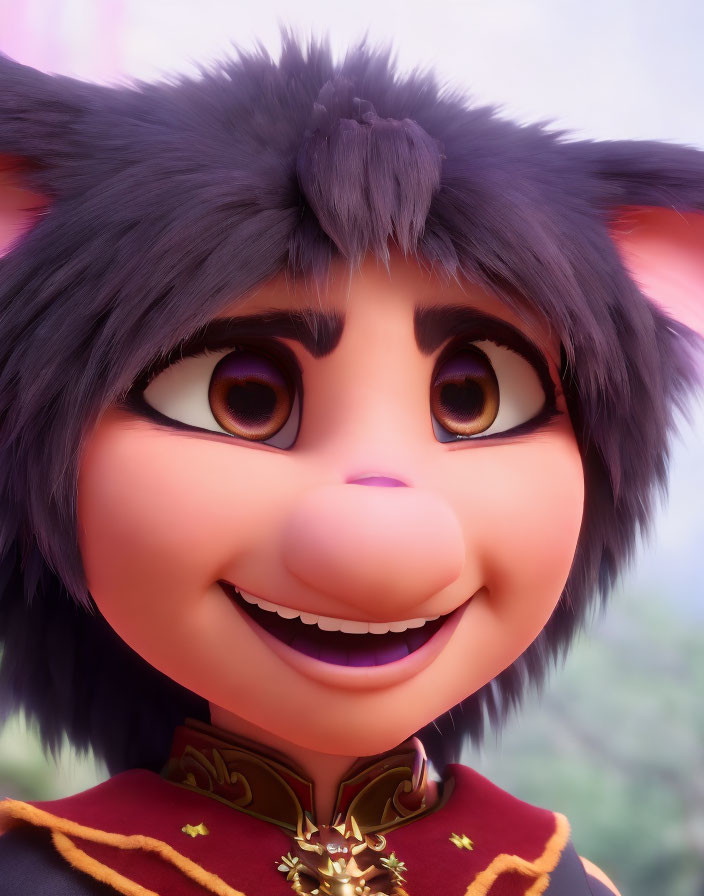 Smiling animated wolf-like character with purple fur and pink snout wearing red outfit