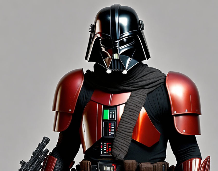 Detailed Darth Vader Costume Close-Up with Black Helmet, Chest Panel, and Cape