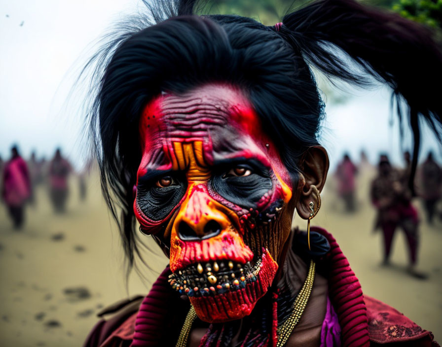Person with red and black skull-like face paint in blurred background.