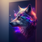 Stylized wolf's head digital artwork with purple and pink hues