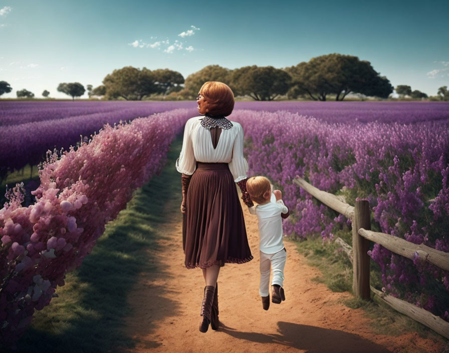 Woman and child walking in lavender field under blue sky