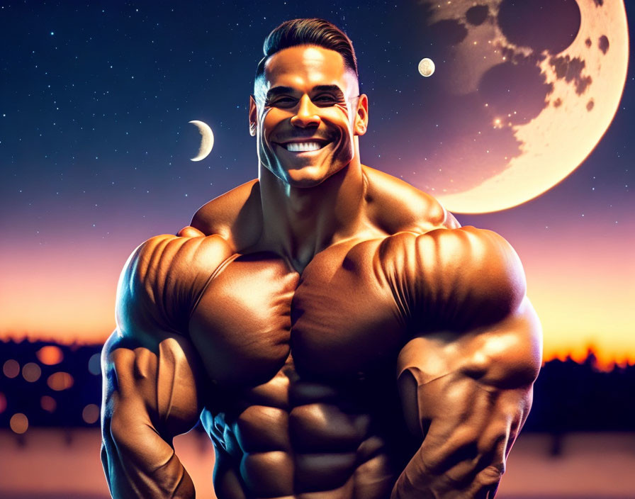 Muscular man smiling under two moons in night sky