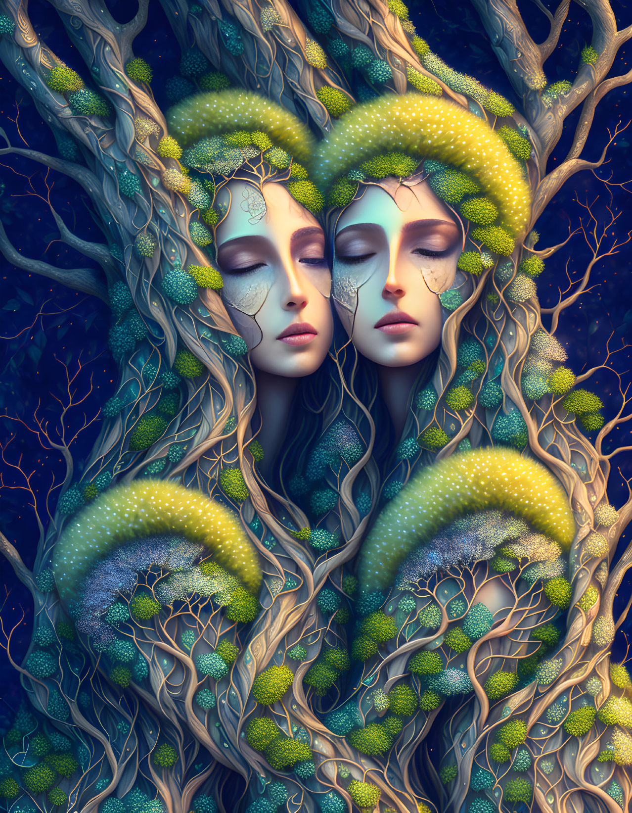 Ethereal figures embracing in mystical forest setting