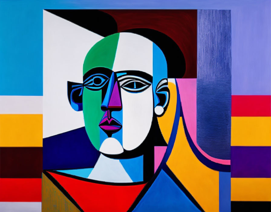 Geometric portrait in abstract cubist painting with colorful background.