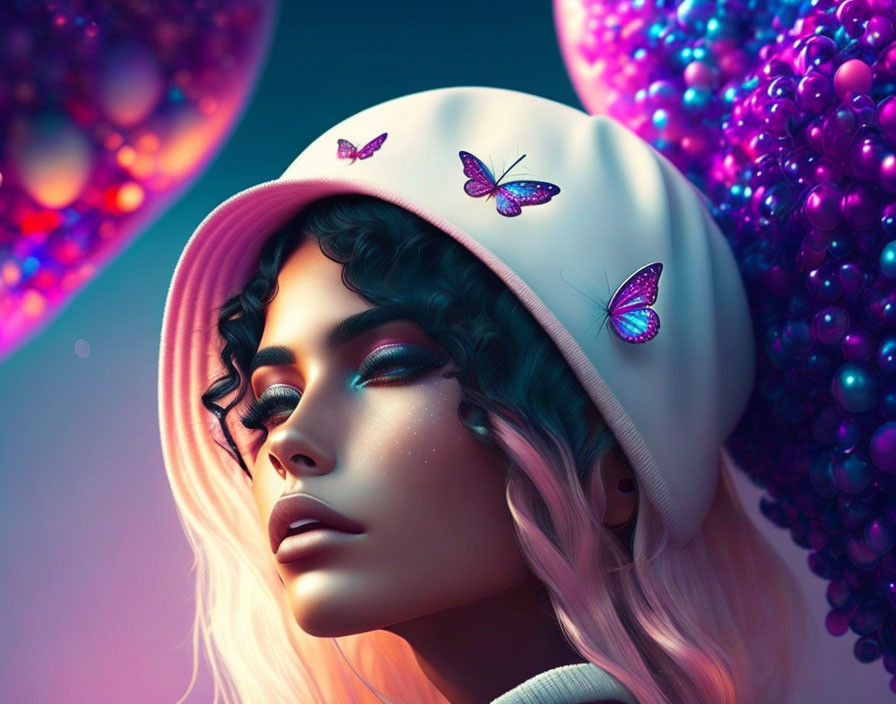 Digital artwork: Woman with wavy hair in white and pink butterfly hat, surrounded by colorful bubbles