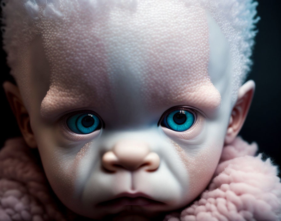 Fantastical infant-like figure with blue eyes and pointed ears
