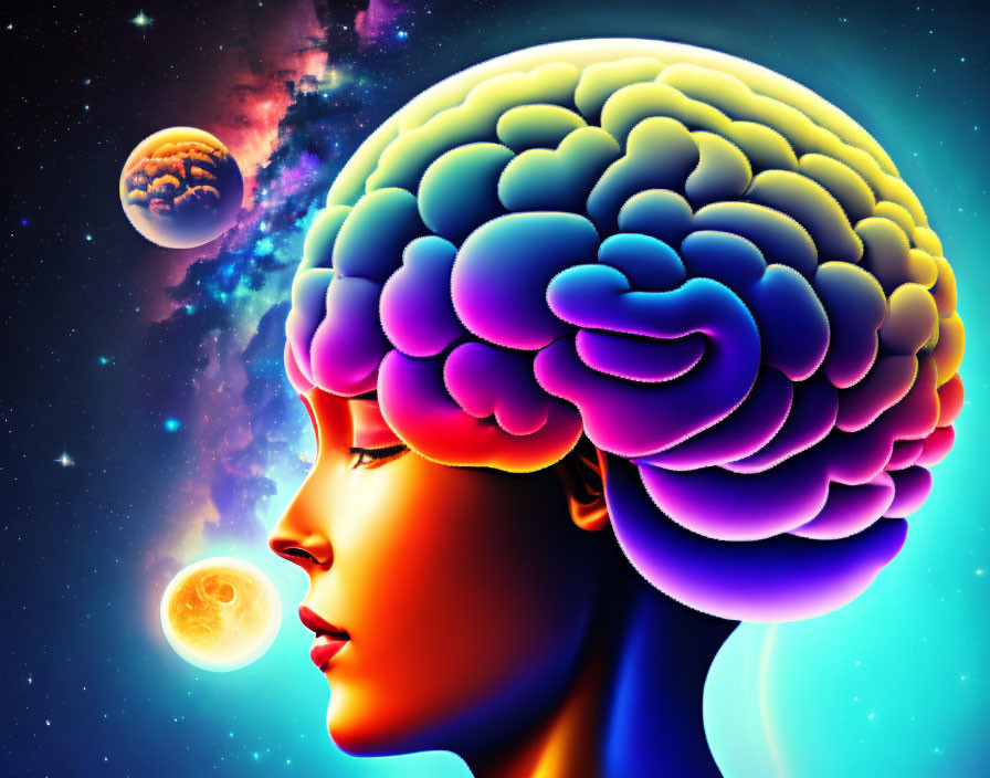 Colorful human brain in cosmic profile illustration.
