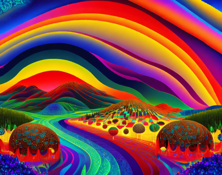 Colorful psychedelic landscape with rolling hills, multicolored sky, and rainbow arc