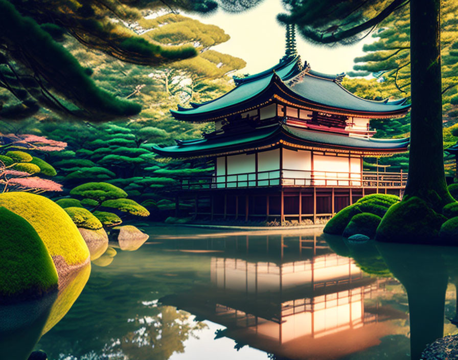 Japanese temple and serene pond in lush greenery spotlighted by sunlight
