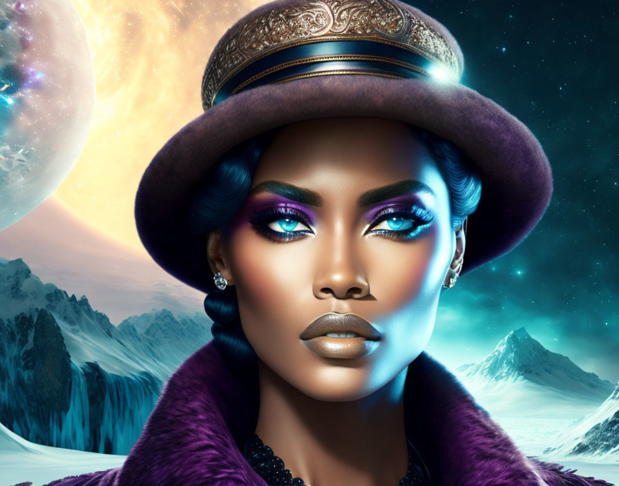 Woman with dramatic makeup and stylish hat in fantasy planetscape with icy mountains