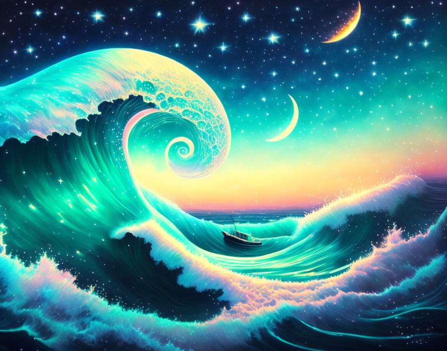 Surreal wave under starry sky with crescent moons and boat