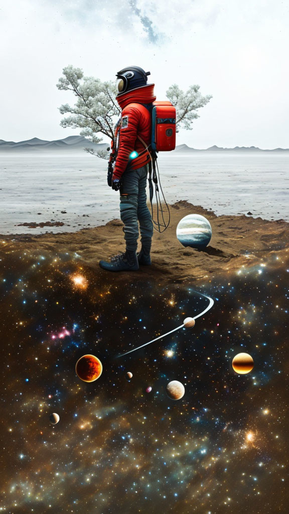 Astronaut on surreal landscape with cosmic scene.