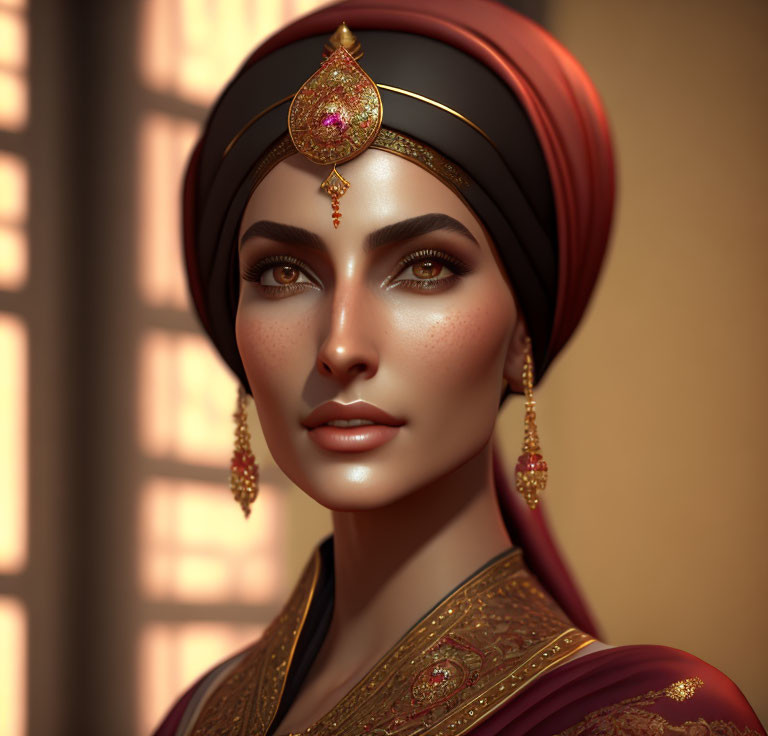 Detailed 3D rendering of woman in traditional attire with jewelry and makeup