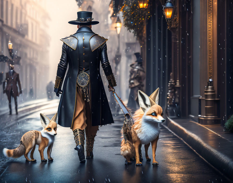 Stylish person walking two foxes in snowy city scene
