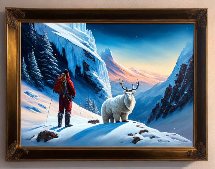 Framed painting of person with white yak in snowy mountain landscape
