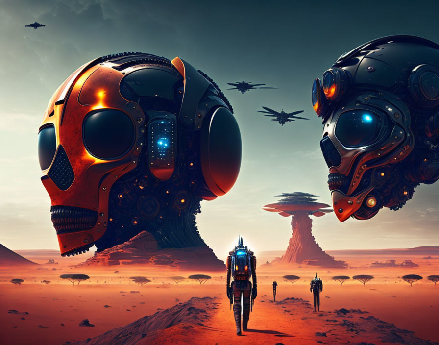 Futuristic landscape: colossal robotic heads, figures, spacecraft, desert explosion