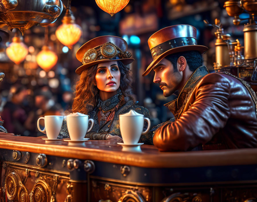 Victorian-era steampunk couple enjoying coffee at bar