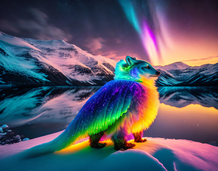 Colorful Neon Fox Under Starry Sky with Aurora Borealis