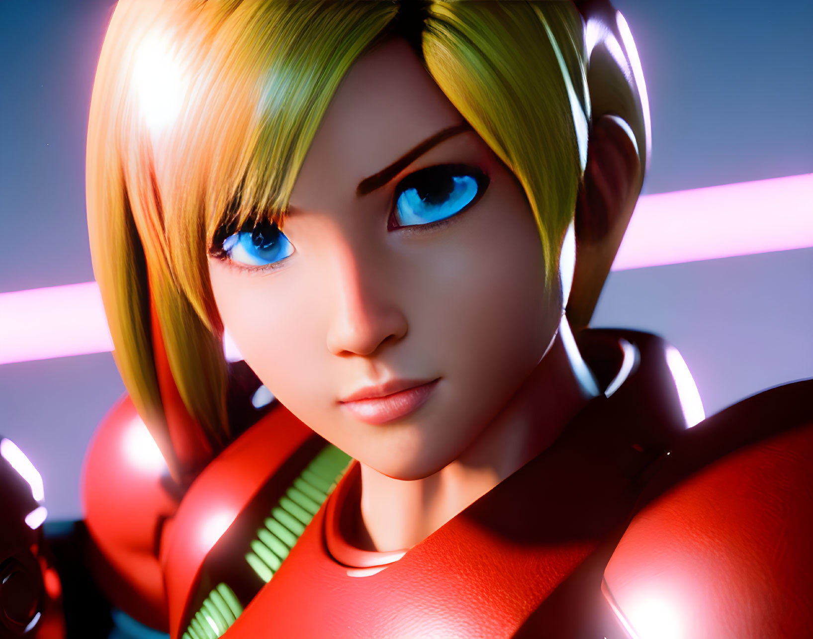 3D Rendered Image: Female Character with Blue Eyes, Blonde Hair, Red Suit & Green Acc