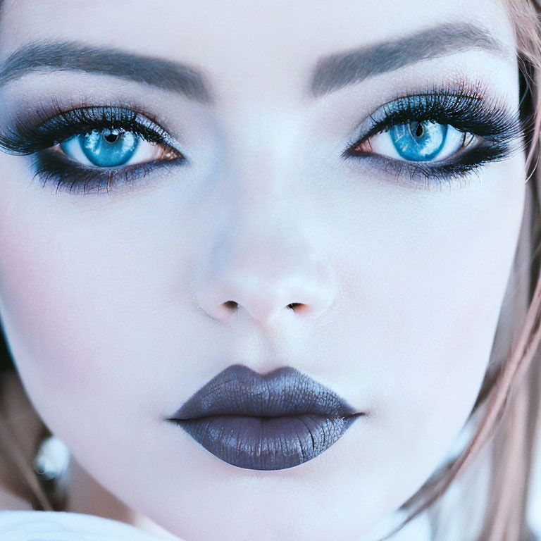 Detailed Makeup Look with Striking Blue Eyes and Dark Lipstick