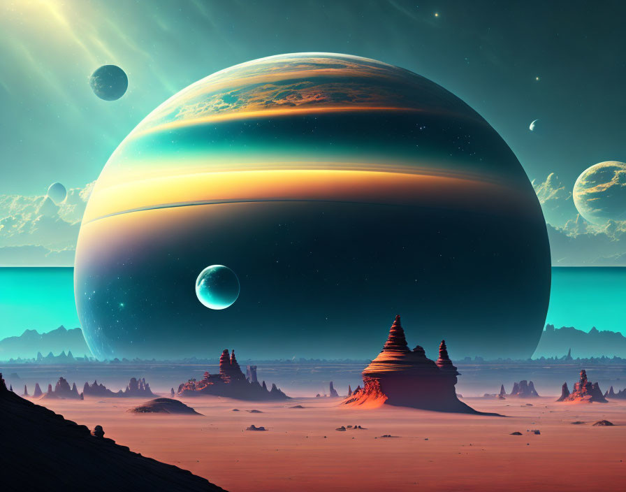Futuristic landscape with rocky formations, desert foreground, and ringed planets in the sky