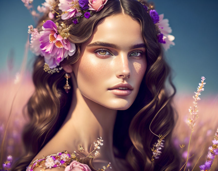 Digital portrait: Woman with floral crown, wavy hair, freckles, and striking eyes in