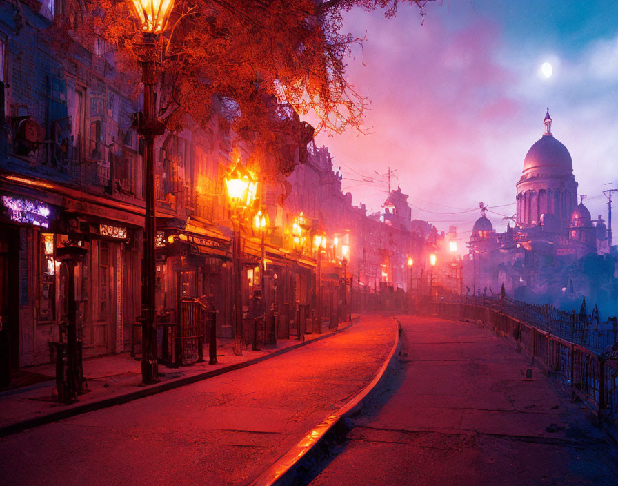 Twilight scene: deserted street with classical buildings and glowing streetlamps