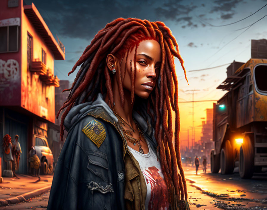 Digital artwork: Woman with red dreadlocks in dystopian urban setting