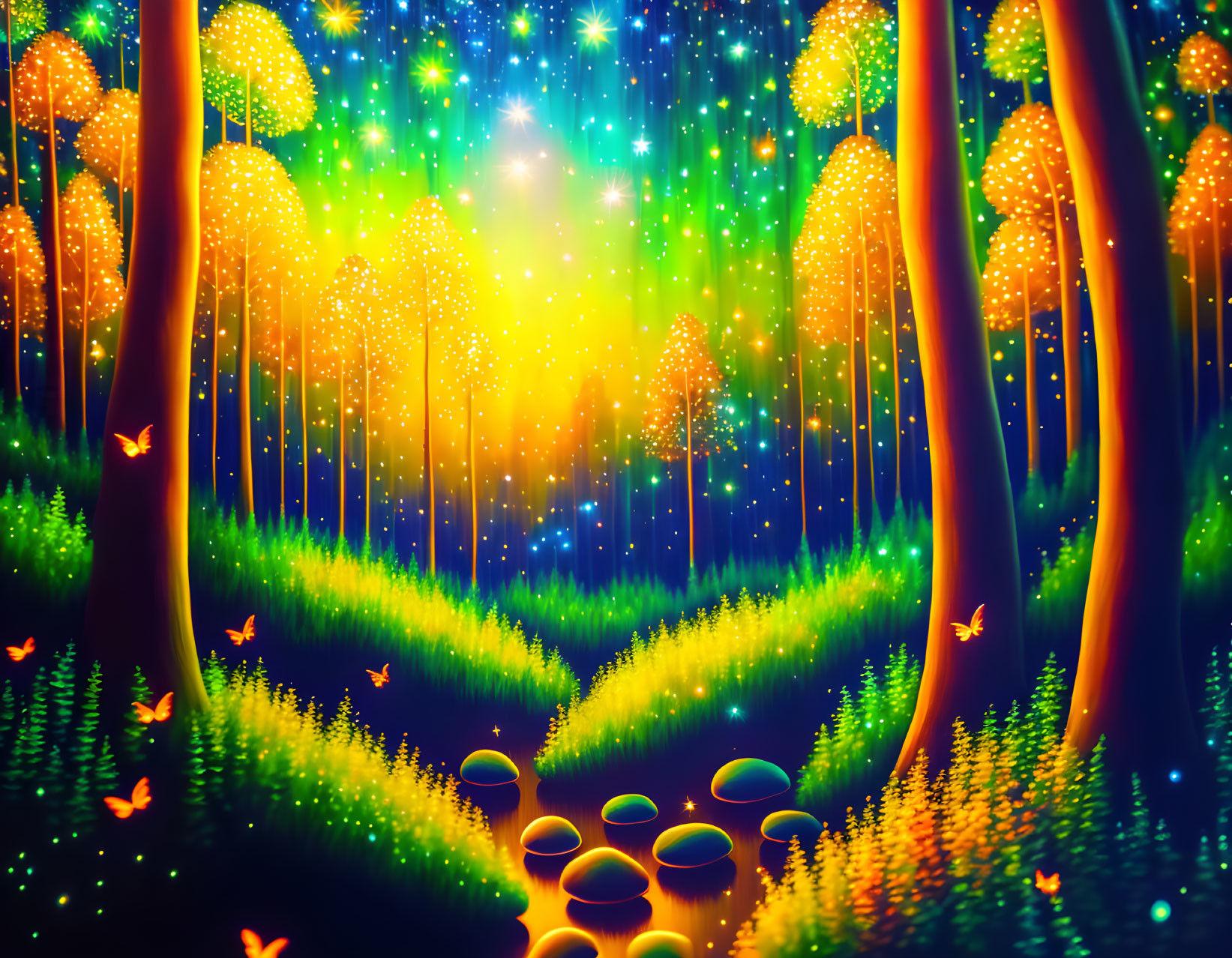 Enchanted forest digital artwork with glowing trees and fireflies