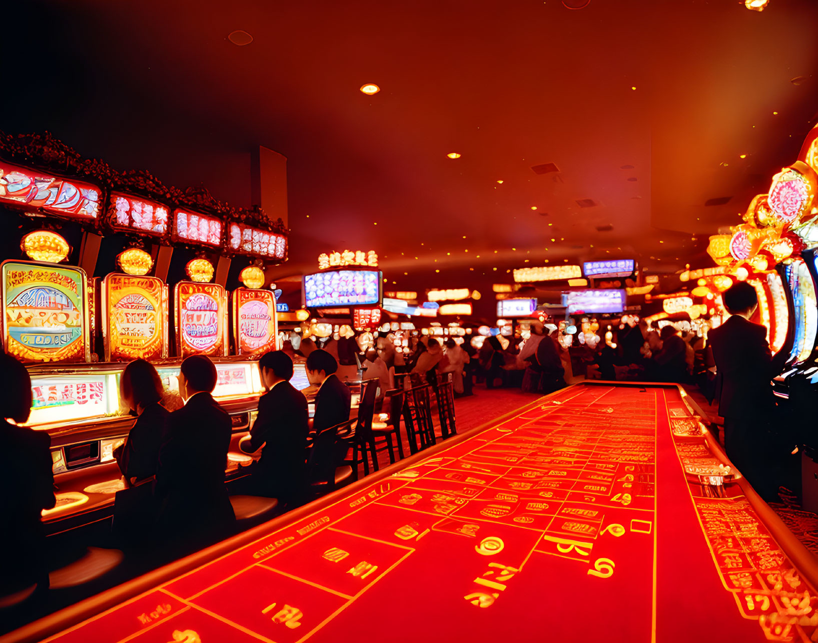 Colorful Casino Floor with Slot Machines and Gamblers at Red Tables