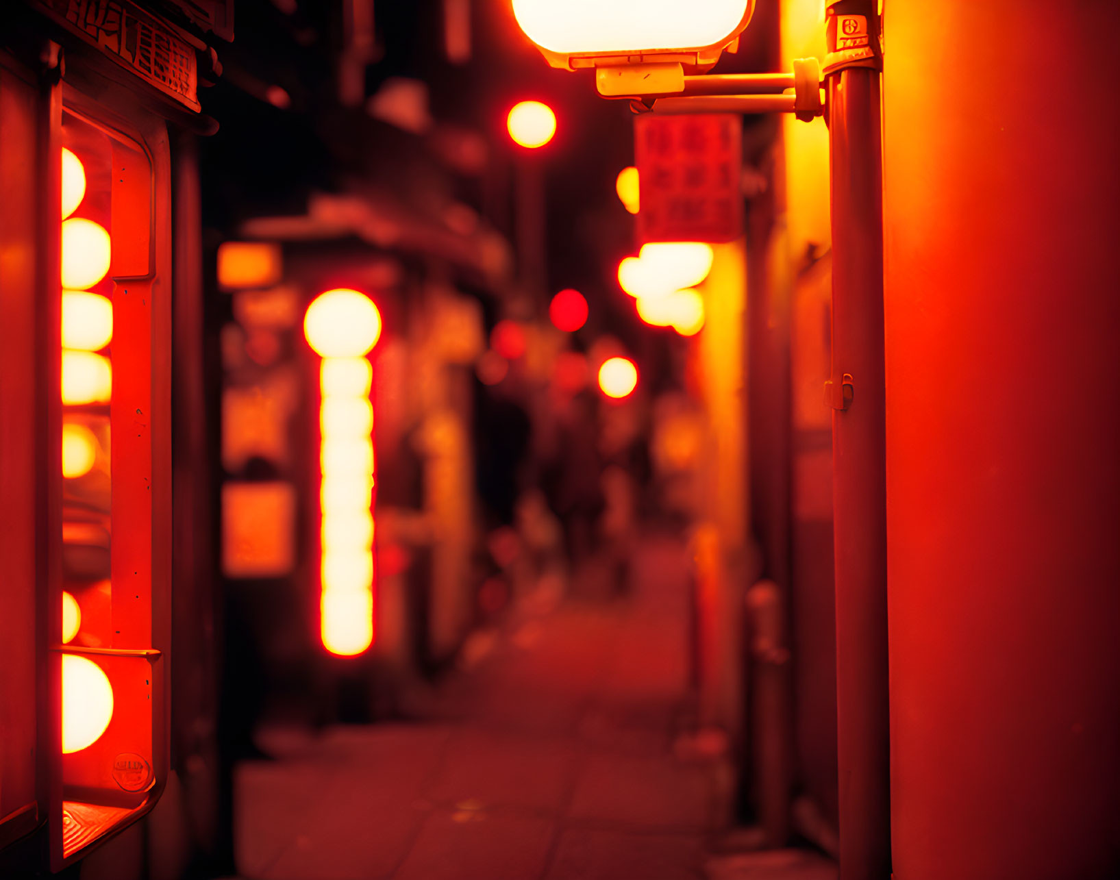 Vibrant red and orange lights illuminate a night alley scene.