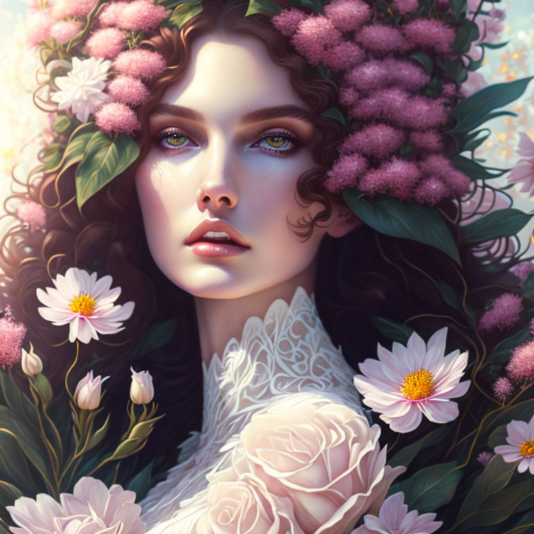 Detailed illustration: Woman with curly hair and lilac flowers, surrounded by blooming flora, gazing