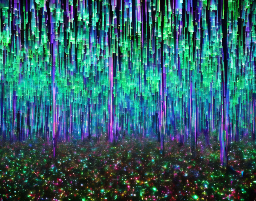 Abstract Digital Artwork: Neon Forest with Cascading Lines