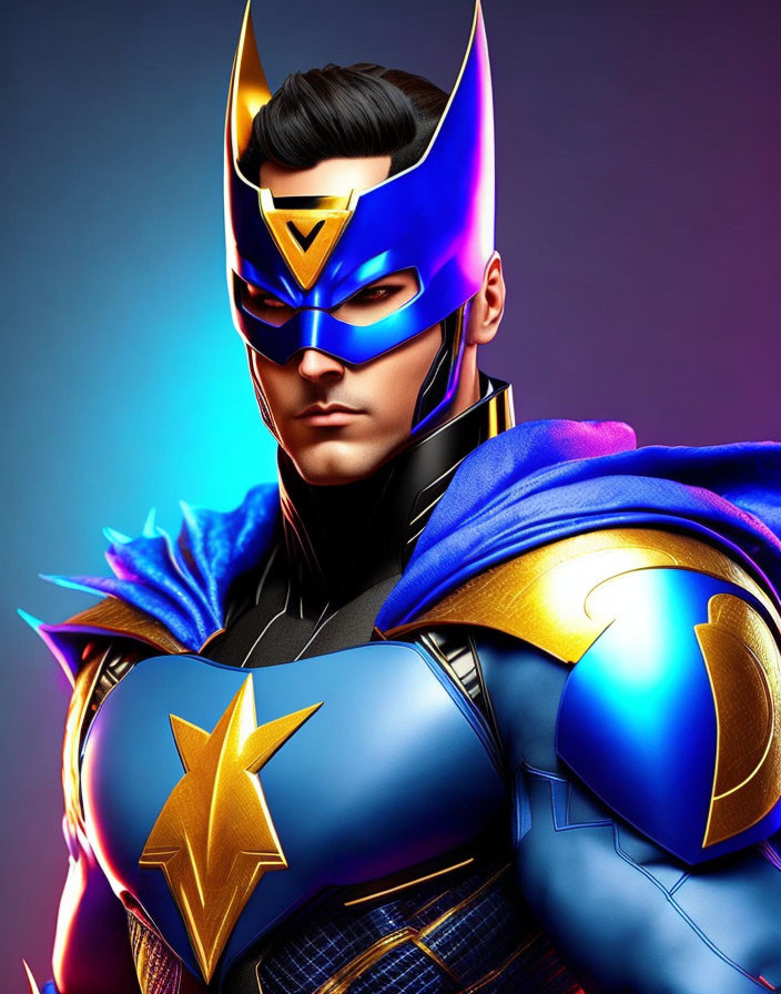 Male superhero digital artwork: blue and gold mask, armor, star emblem.