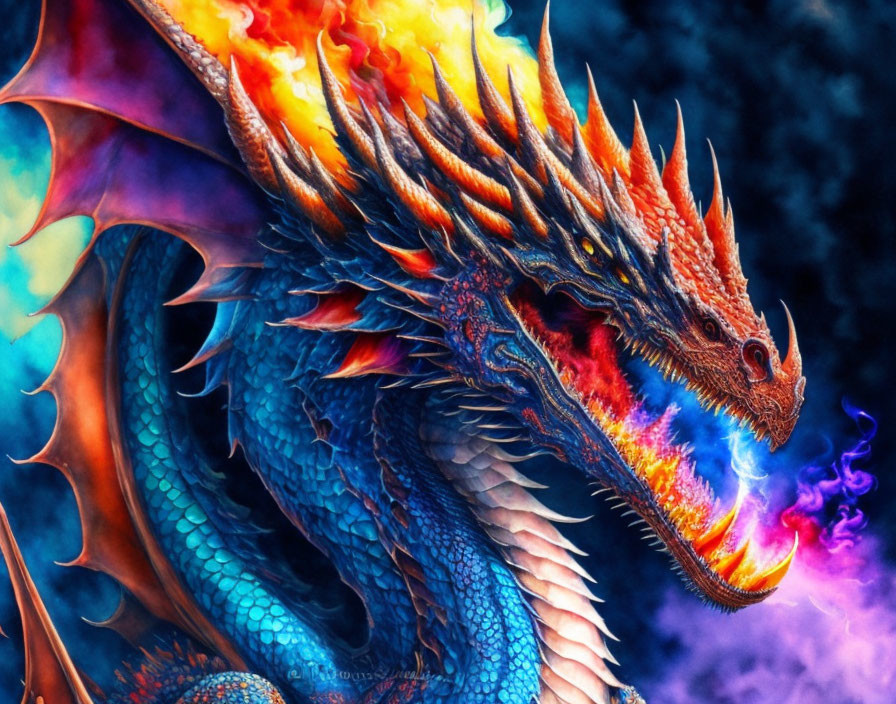 Colorful Dragon Breathing Flames on Dark Background