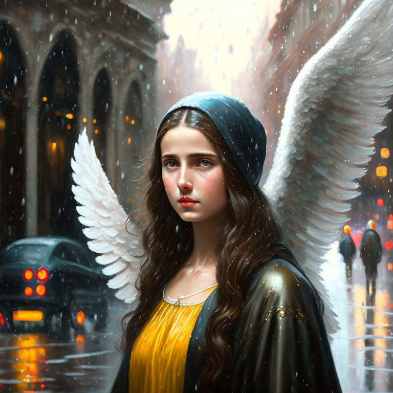 Digital art: Female figure with angelic wings in rainy cityscape
