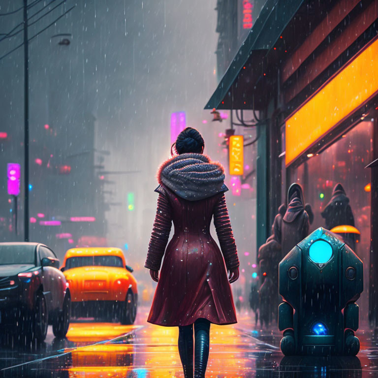 Woman in Red Coat Walking with Small Robot on Rainy Neon-Lit Street