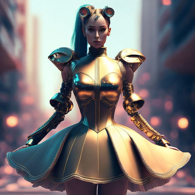 Futuristic female robot in metallic dress with mechanical limbs in urban setting