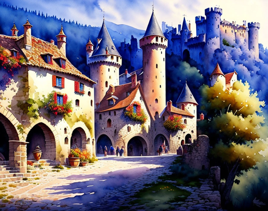 Medieval castle watercolor painting with towers and courtyard.
