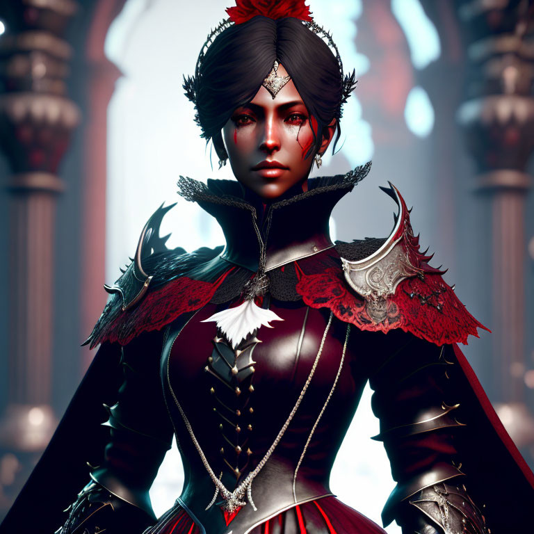 Dark-haired woman in red and black dress with silver shoulder armor in grand hall