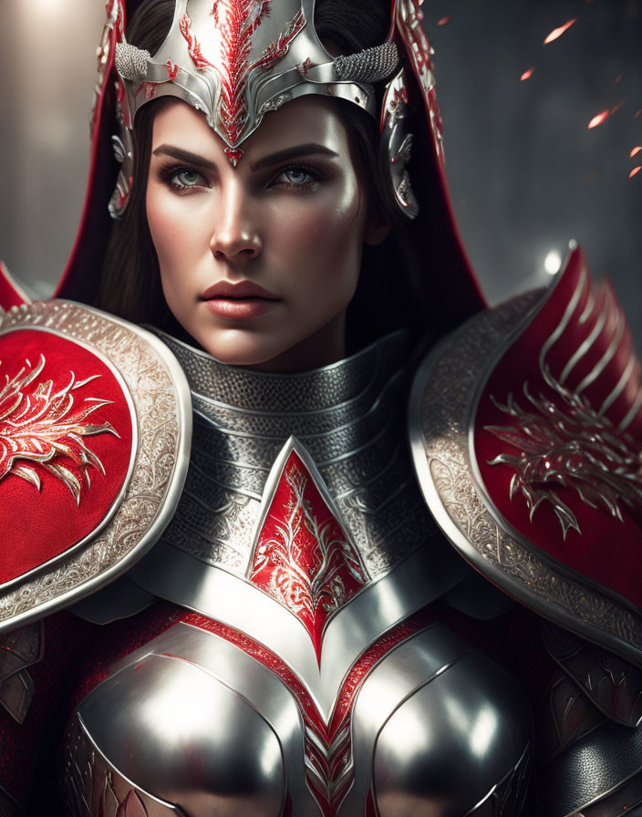 Warrior woman digital artwork in silver and red armor with detailed helmet and intense gaze amid glowing embers