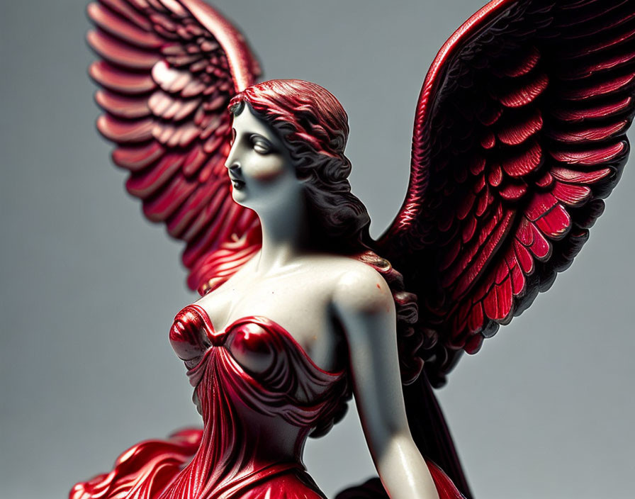 Ethereal woman figurine with red angel wings and flowing gown