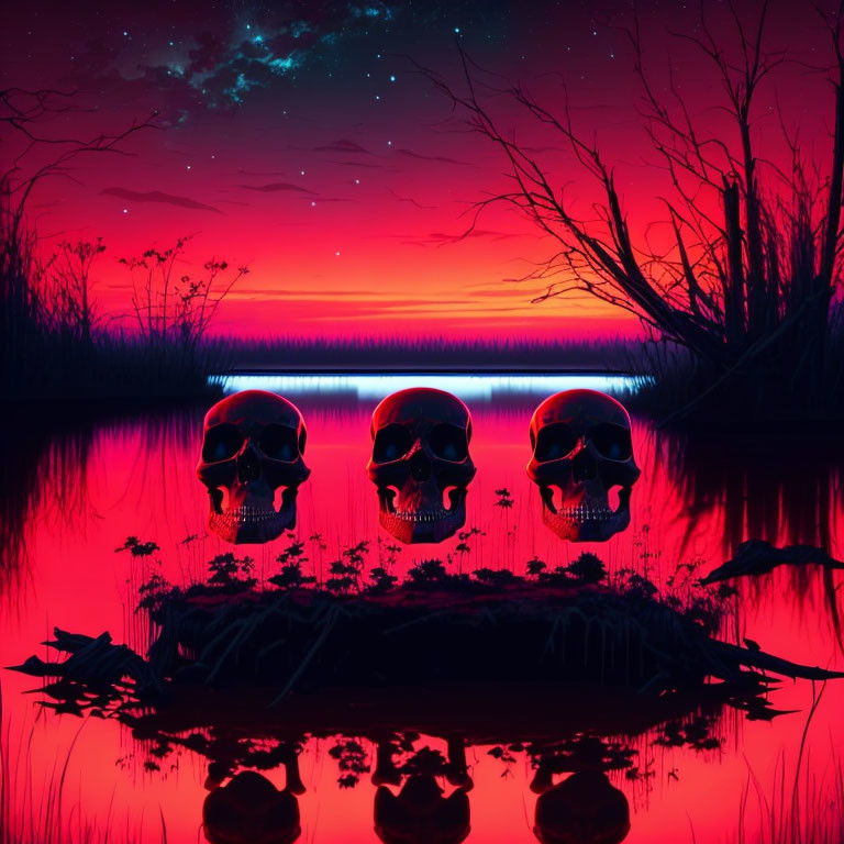 Digital art: Three human skulls on reflective surface, red night sky, silhouetted trees,