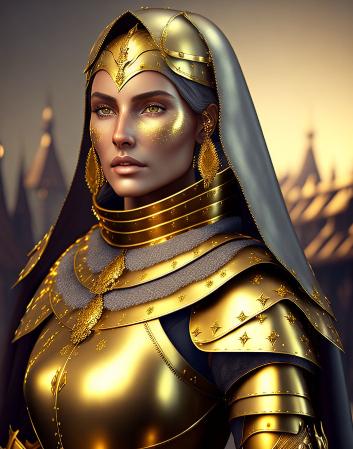 Woman in Golden Armor and Headscarf with Sparkling Accents
