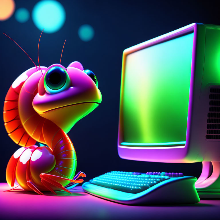 Vibrant cartoon chameleon with retro computer and keyboard