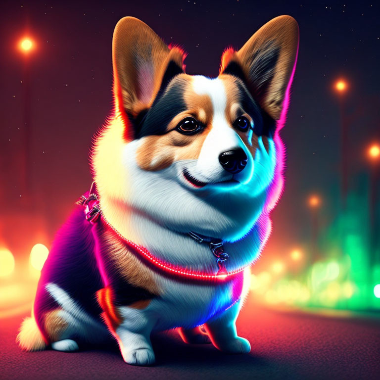 Illustrated Corgi with Glowing Leash in Night Cityscape