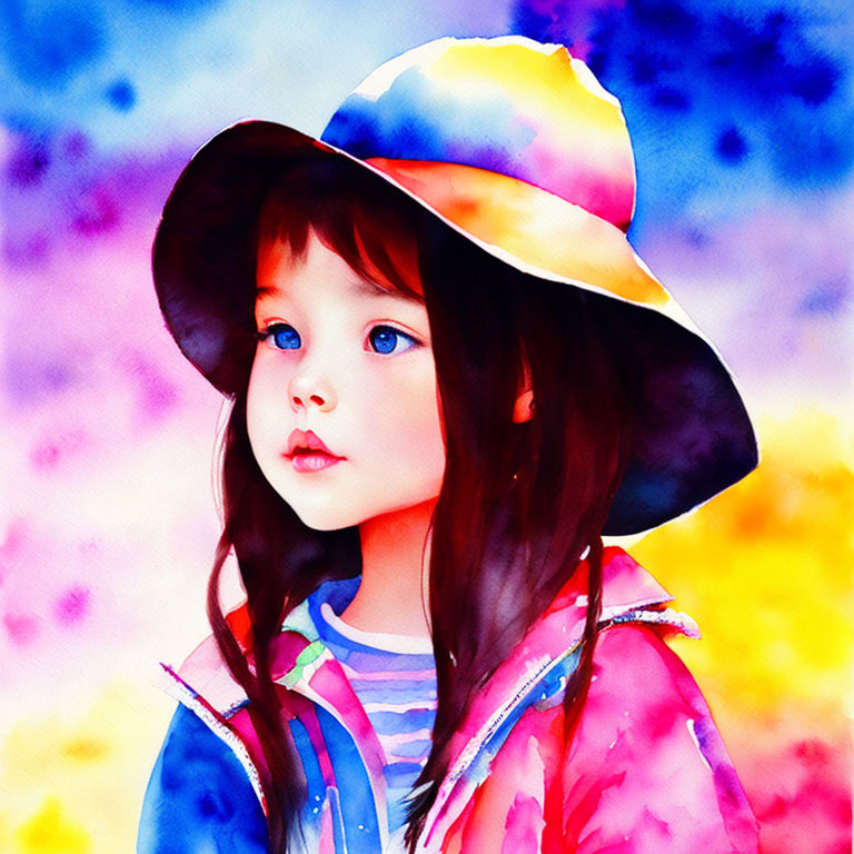 Colorful Watercolor Painting of Young Girl with Blue Eyes in Hat and Jacket