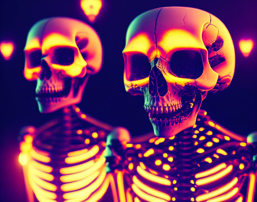 Neon purple and yellow glowing skeletal figures in eerie display