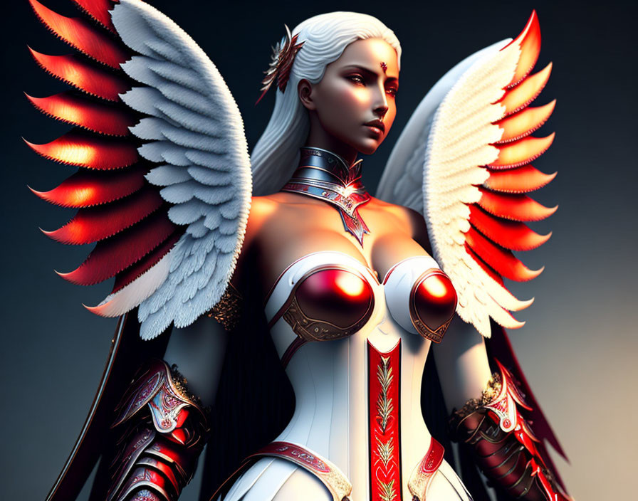Digital artwork featuring female figure with red and white wings, silver armor, and ethereal presence on dark