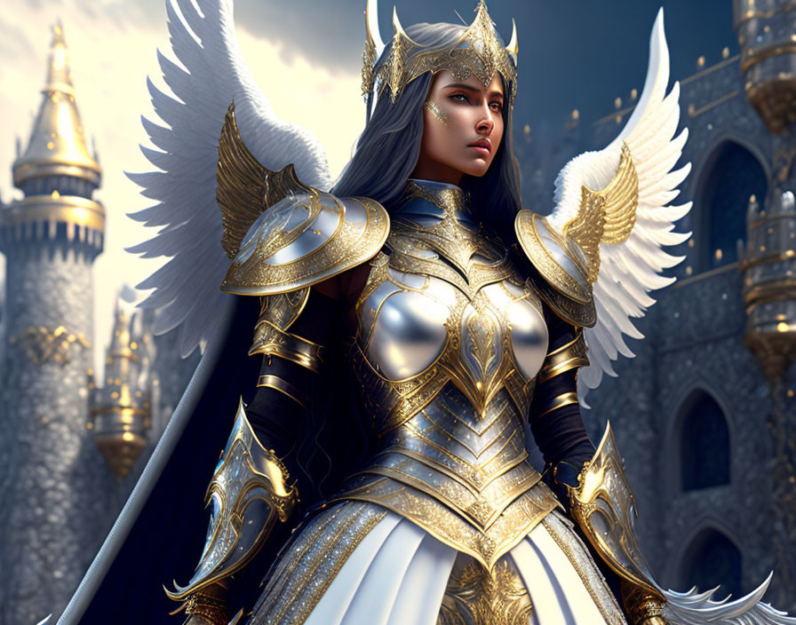 Majestic female warrior with wings in armor before castle